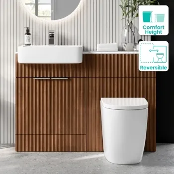 Sicily Fluted Black Walnut Combination Vanity Basin with Marble Top & Utah Comfort Height Toilet 1200mm - Chrome Handles