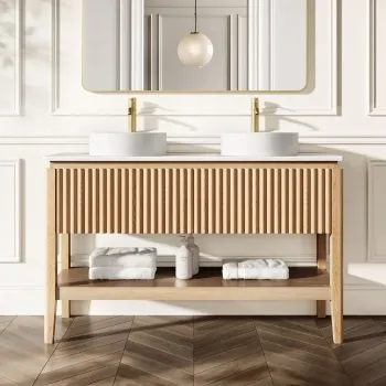 Maru Oak Wood Grain Vanity Cabinet 1400mm with Matt White Stone Top - Basin Not Included