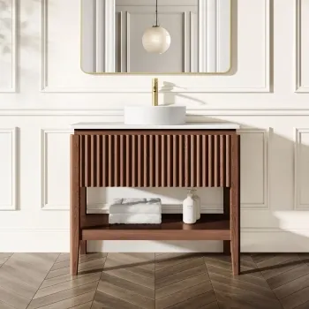 Maru Walnut Wood Grain Vanity Cabinet 1000mm with Matt White Stone Top - Basin Not Included