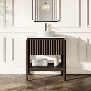 Maru Black Oak Wood Grain Vanity Cabinet 800mm with Matt White Stone Top - Basin Not Included