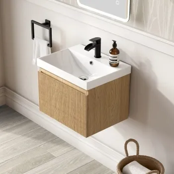 Malta Fluted Country Oak Wall Hung Basin Drawer Vanity 500mm