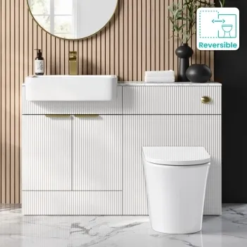 Sicily Fluted Coastal White Combination Vanity Basin with Marble Top & Tucson Toilet 1200mm - Brushed Brass Accents