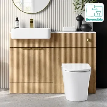 Sicily Fluted Country Oak Combination Vanity Basin with Marble Top & Tucson Toilet 1200mm - Brushed Brass Accents