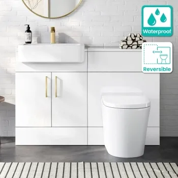 100% Waterproof - Harper Gloss White PVC Combination Vanity Basin and Boston Toilet 1200mm - Brushed Brass Accents
