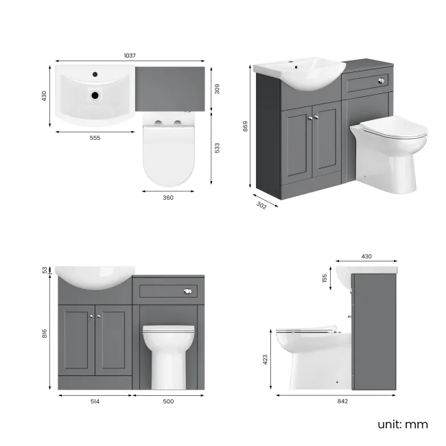 Capri Fog Grey Combination Vanity Basin and Aruba Toilet 1050mm - Chrome Handles