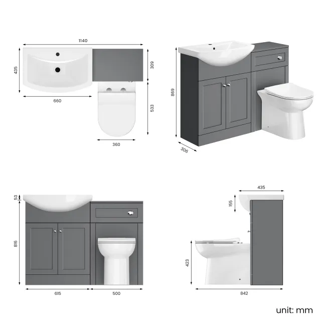 Capri Fog Grey Combination Vanity Basin and Aruba Toilet 1150mm - Chrome Handles