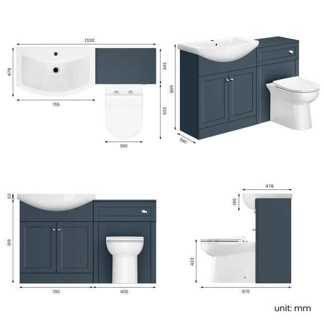 Capri Navy Blue Combination Vanity Basin and Aruba Toilet 1350mm - Chrome Handles