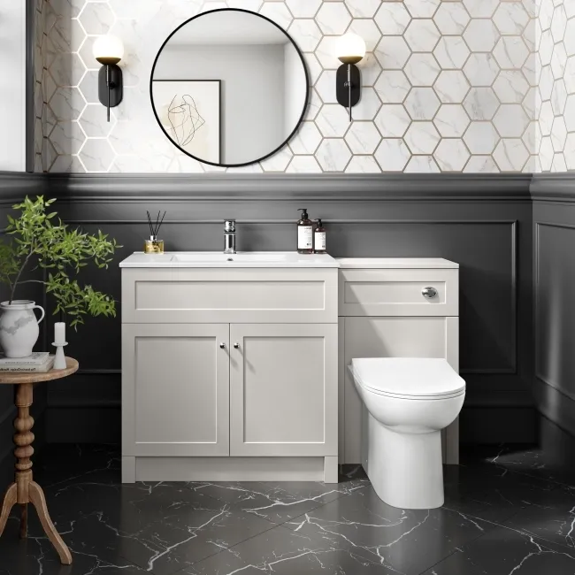 Milos Cotton White Combination Vanity Basin and Aruba Toilet 1300mm - Chrome Handles