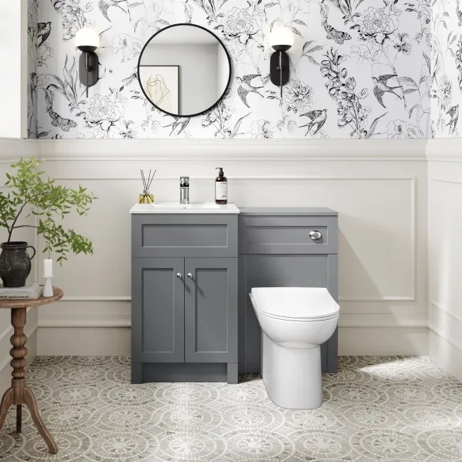 Milos Fog Grey Combination Vanity Basin and Aruba Toilet 1000mm - Chrome Handles