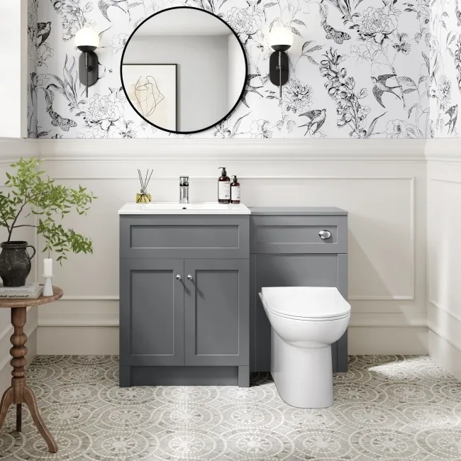 Milos Fog Grey Combination Vanity Basin and Aruba Toilet 1100mm - Chrome Handles