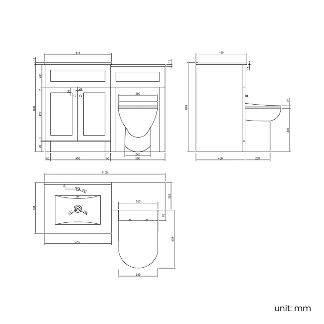 Milos Fog Grey Combination Vanity Basin and Aruba Toilet 1100mm - Chrome Handles