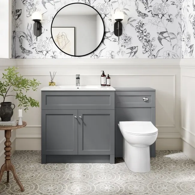 Milos Fog Grey Combination Vanity Basin and Aruba Toilet 1300mm - Chrome Handles
