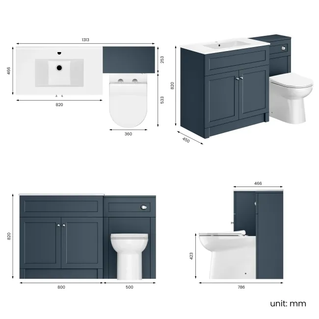 Milos Navy Blue Combination Vanity Basin and Aruba Toilet 1300mm - Chrome Handles