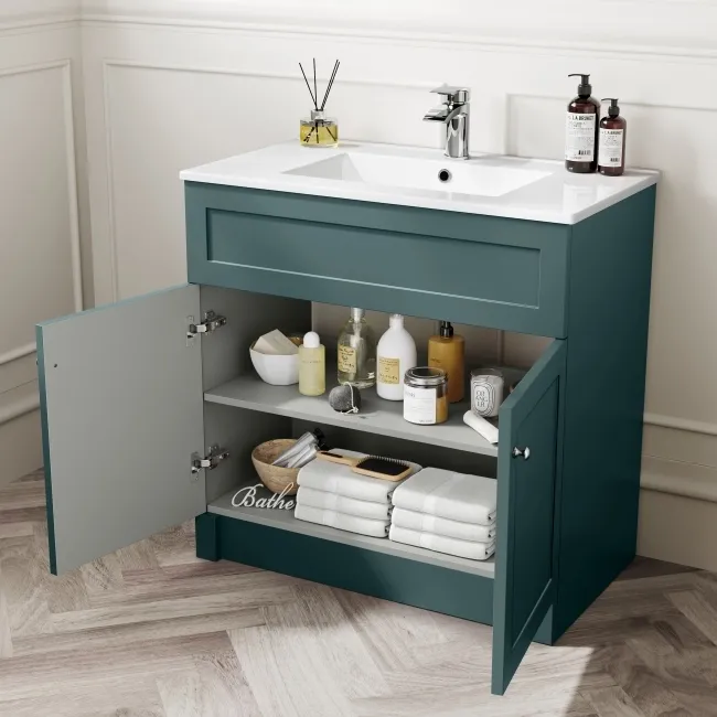 Milos Mystic Green Combination Vanity Basin and Aruba Toilet 1300mm - Chrome Handles