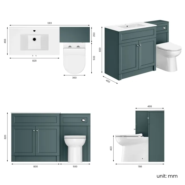 Milos Mystic Green Combination Vanity Basin and Aruba Toilet 1300mm - Chrome Handles