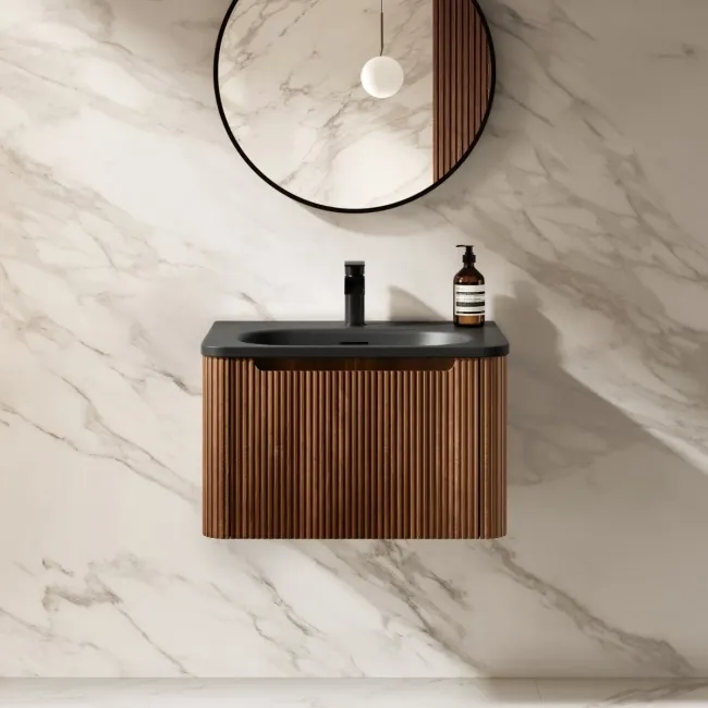 Sorrento Fluted Black Walnut Wall Hung Drawer Vanity with Black Basin 600mm