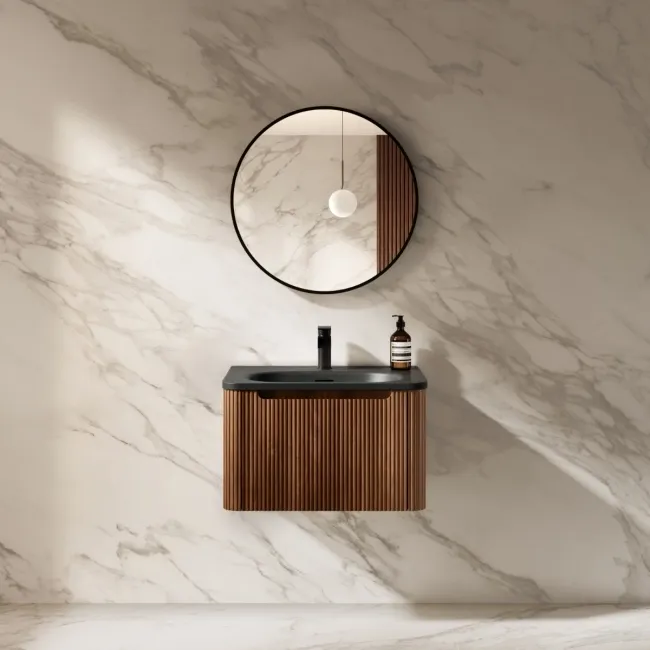 Sorrento Fluted Black Walnut Wall Hung Drawer Vanity with Black Basin 600mm