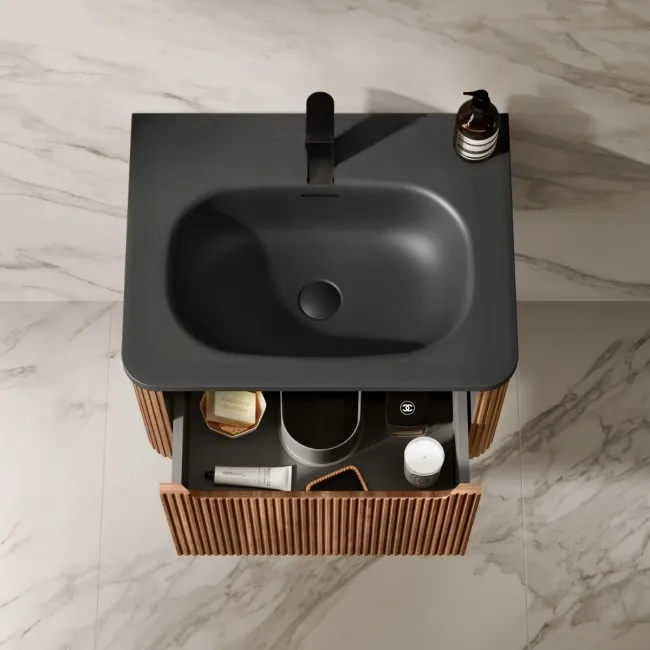 Sorrento Fluted Black Walnut Wall Hung Drawer Vanity with Black Basin 600mm