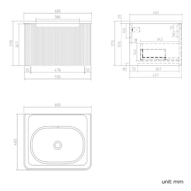 Sorrento Fluted Black Walnut Wall Hung Drawer Vanity with Black Basin 600mm