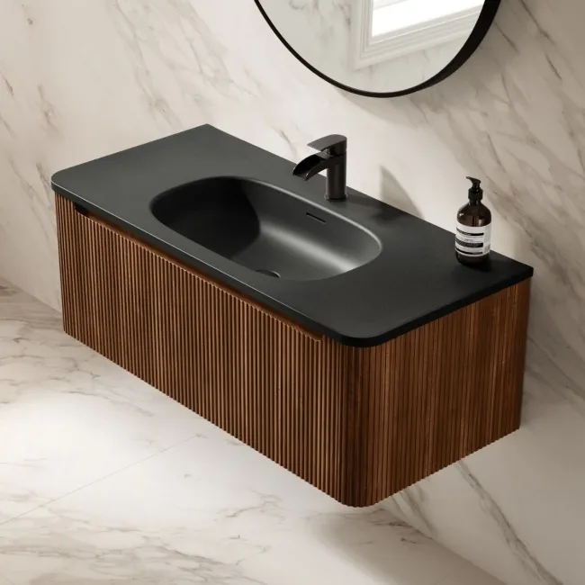Sorrento Fluted Black Walnut Wall Hung Drawer Vanity with Black Basin 1000mm