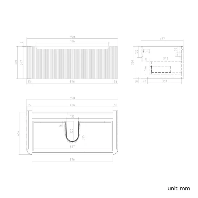 Sorrento Fluted Black Walnut Wall Hung Drawer Vanity with Black Basin 1000mm