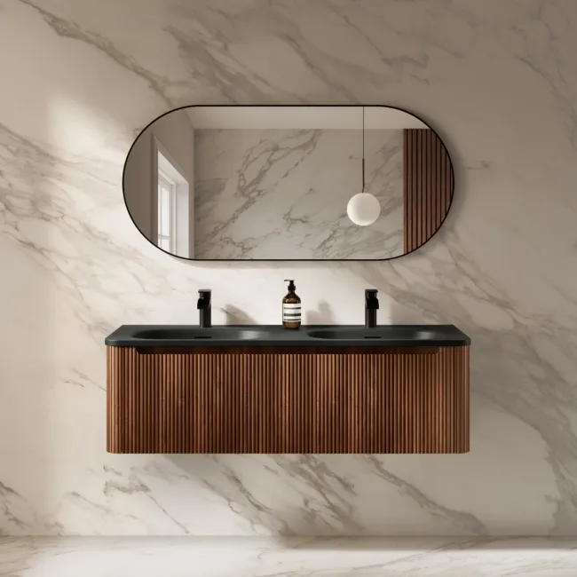 Sorrento Fluted Black Walnut Wall Hung Drawer Vanity with Black Double Basin 1200mm