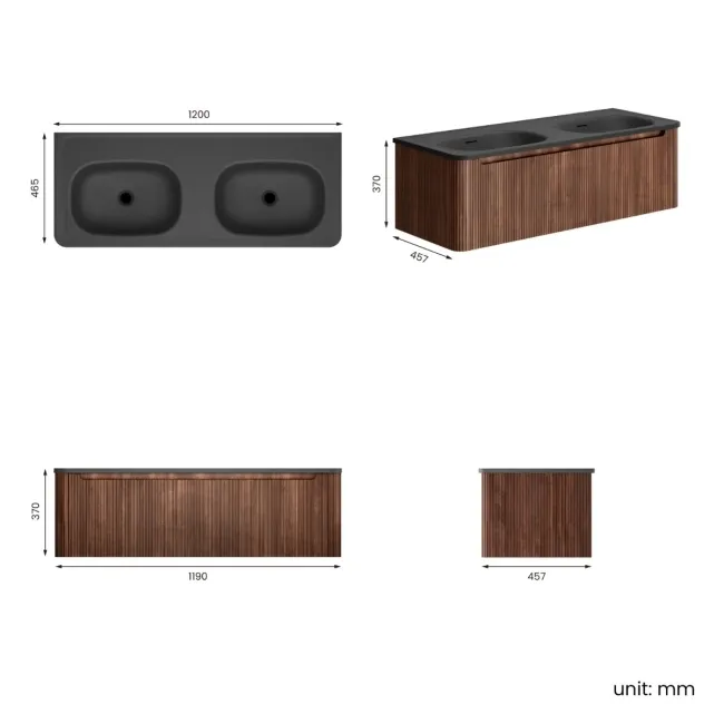 Sorrento Fluted Black Walnut Wall Hung Drawer Vanity with Black Double Basin 1200mm