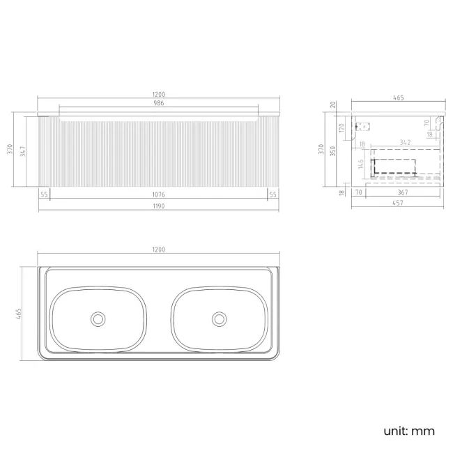 Sorrento Fluted Black Walnut Wall Hung Drawer Vanity with Black Double Basin 1200mm