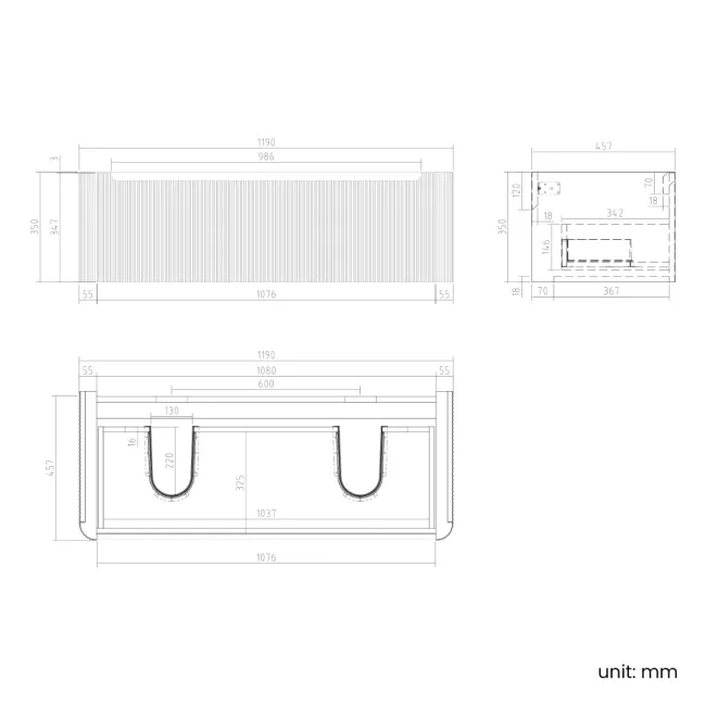 Sorrento Fluted Black Walnut Wall Hung Drawer Vanity with Black Double Basin 1200mm