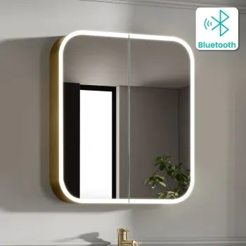Willow Brushed Brass Illuminated LED Mirror Cabinet With BLUETOOTH Speaker & USB Port 700x600mm