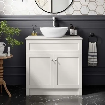 Milos Cotton White Vanity with Oval Basin 800mm - Brushed Handles