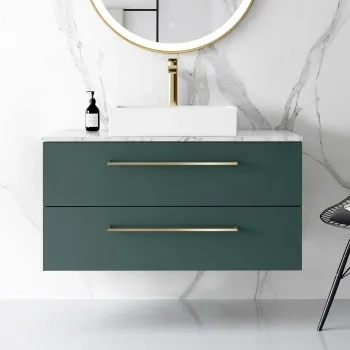 Elba Midnight Green Wall Hung Drawer Vanity with Marble Top & Cody Basin 1000mm - Brushed Brass Accents