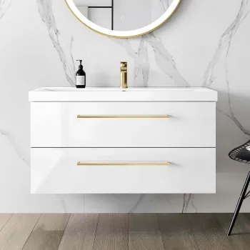 Elba Gloss White Wall Hung Basin Drawer Vanity 1000mm - Brushed Brass Accents