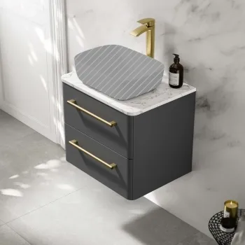 Omaha Slate Grey Wall Hung Drawer Vanity with Marble Top 600mm (Excludes Counter Top Basin) - Brushed Brass Accents