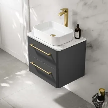 Omaha Slate Grey Wall Hung Drawer Vanity with Marble Top & Marin Basin 600mm - Brushed Brass Accents