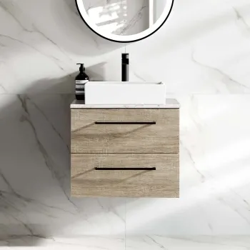 Elba Dawn Oak Wall Hung Drawer Vanity with Marble Top & Cody Basin 600mm - Black Accents