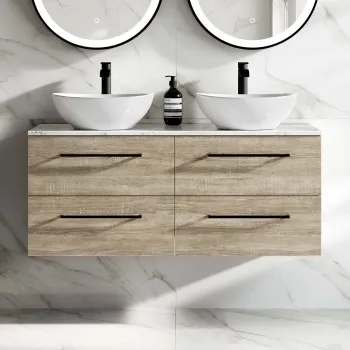 Elba Dawn Oak Double Wall Hung Drawer Vanity with Marble Top & Oval Basin 1200mm - Black Accents
