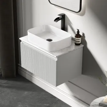 Malta Fluted Coastal White Wall Hung Drawer Vanity with Marble Top & Marin Basin 600mm