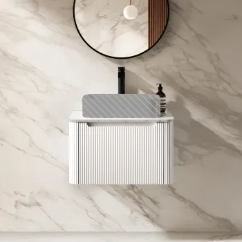 Sorrento Fluted Coastal White Wall Hung Drawer Vanity with Marble Top 600mm - Excludes Counter Top Basin