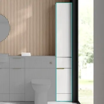 Sicily Fluted Coastal White Floor Standing Tall Cabinet Unit 1900x300mm - Brushed Brass Accents