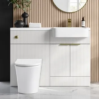 Sicily Fluted Coastal White Combination Vanity Basin and Tucson Toilet 1200mm - Brushed Brass Accents - Right Handed