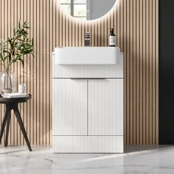 Sicily Fluted Coastal White Vanity with Semi Recessed Basin 600mm - Chrome Handles