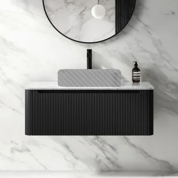 Sorrento Fluted Matt Black Wall Hung Drawer Vanity with Marble Top 1000mm - Excludes Counter Top Basin