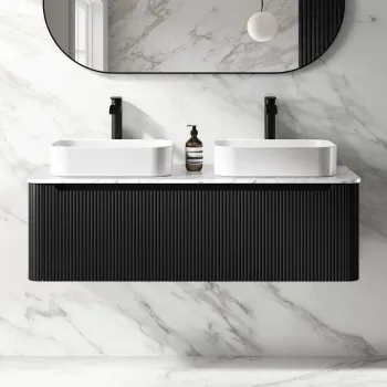Sorrento Fluted Matt Black Double Wall Hung Drawer Vanity with Marble Top & Marin Basin 1200mm