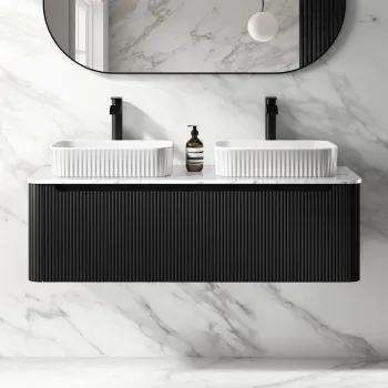 Sorrento Fluted Matt Black Double Wall Hung Drawer Vanity with Marble Top & Reno Basin 1200mm