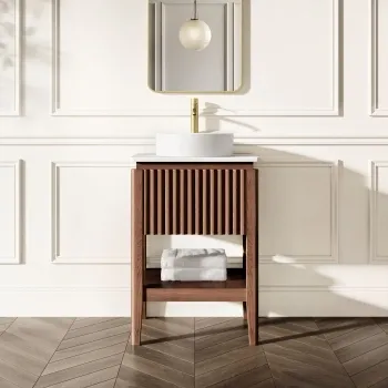 Maru Walnut Wood Grain Vanity Cabinet 600mm with Matt White Stone Top - Basin Not Included