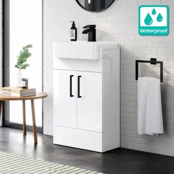 100% Waterproof - Harper Gloss White PVC Vanity with Semi Recessed Basin 500mm - Black Accents