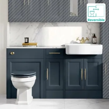 Monaco Inky Blue Combination Vanity Basin with Marble Top and Hudson Toilet with Wooden Seat 1500mm - Brass Knurled Handles