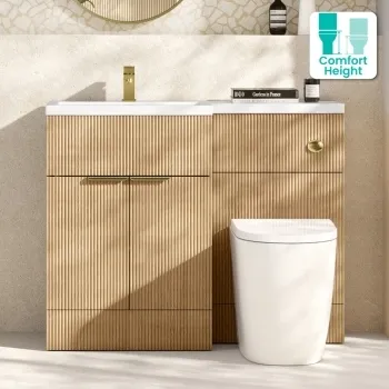 Havana Fluted Country Oak Combination Vanity Basin and Utah Comfort Height Toilet 1100mm - Brushed Brass Accents - Left Handed