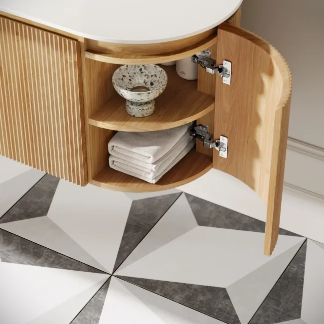 Positano Natural Oak Curved Wall Hung Basin Drawer Vanity 1000mm